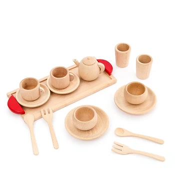 

1 Set Of Solid Wood Tableware Toy Simulatin Tea Ware Set Kids Funny Playing Toy Kitchen Toys Wooden Tea Set