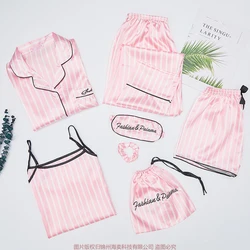 Autumn Spring 7 Pieces Set Silk Elegant Women Pajamas stripe Shorts Long Sleeve Tops Elastic Waist Pants Full Lounge Sleepwear
