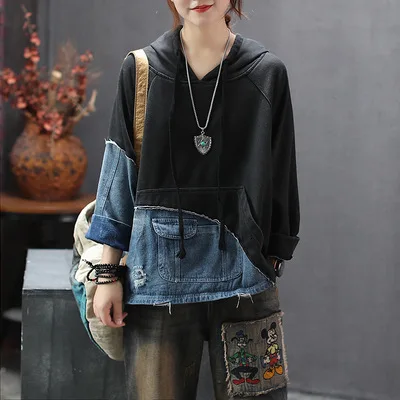 Толстовки Mujer, уличная одежда, осенние женские свободные пуловеры в стиле ретро с длинными рукавами, женский джинсовый свитер с капюшоном и карманами - Цвет: Black