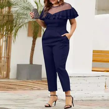 

Summer Jumpsuits ZANZEA Women Ruffles Hem Rompers Casual Short Sleeve Mesh Pacthwork Playsuits Elegant Work OL Pencil Pants