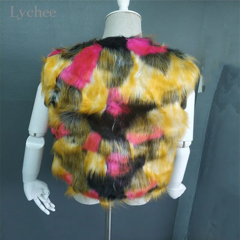 Lychee/Модный Цветной женский укороченный жилет с лисой, v-образный вырез, без рукавов, Женское пальто из искусственного меха, Женская куртка из искусственного меха