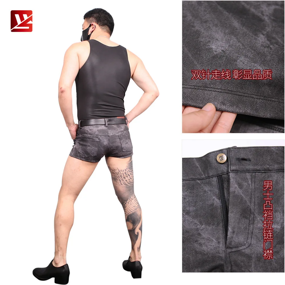 Korean Style Jeans Texture PU Men Thin Casual Boxer Shorts Jeans Wear Tight Do Old Straight Foot Men Convex Fork Short Trousers