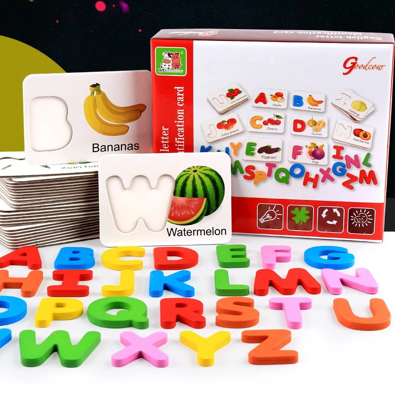

Early Educational Fruits Vegetables Letters Recognition Cards 26 Letter Cards Cognitive Children Wooden Learning Toys