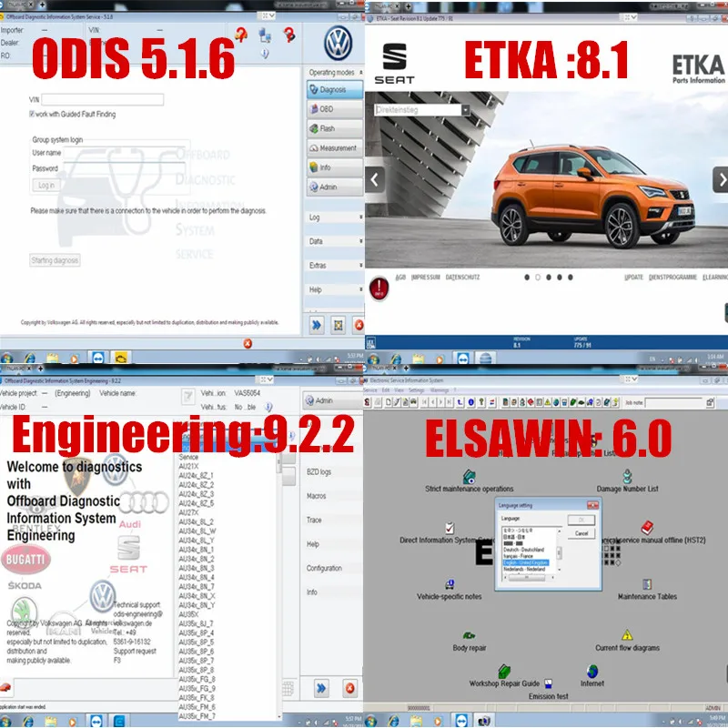 OBD разъем VAS 5054A диагностическое программное обеспечение и 4G ноутбук CF-19 512G SSD с ODIS 5.1.6. ETKA 8,1. Поддержка ELSAWIN 6,0 онлайн