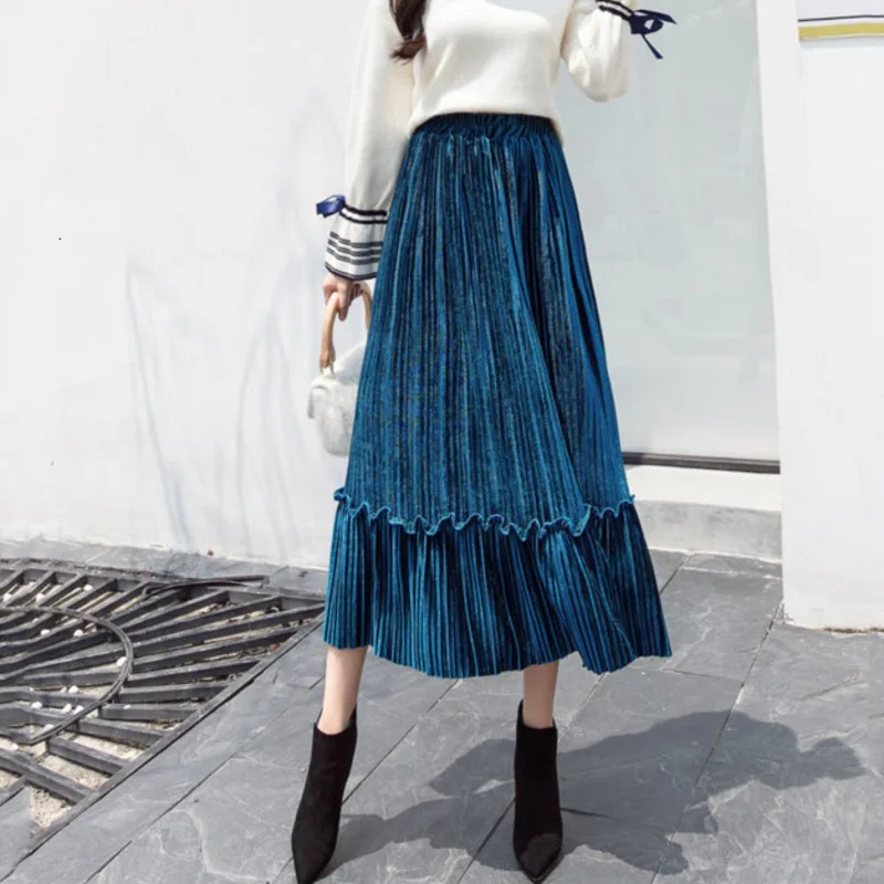 LANMREM Золотая Бархатная плиссированная юбка, зимняя женская новая ретро юбка средней длины, сплошной цвет, высокая талия, базовая юбка-трапеция, PC314