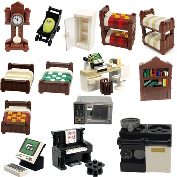 

City Building Blocks Bookshelf Toilet Piano Baby Carriage DIY MOC Toys For Children Refrigerator Bed Grill Cooktop Weeder Model