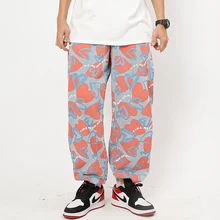 Pantalones vaqueros lavados con estampado de letras y amor de Hip Hop para hombre y mujer, pantalones vaqueros holgados y rectos con cordón, Harajuku