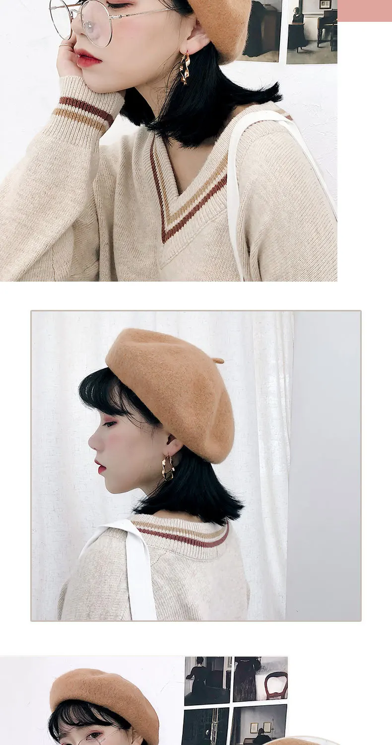 Женский шерстяной берет, Женская Осенняя Зимняя шерстяная шапка, Женская Корейская версия, дикая
