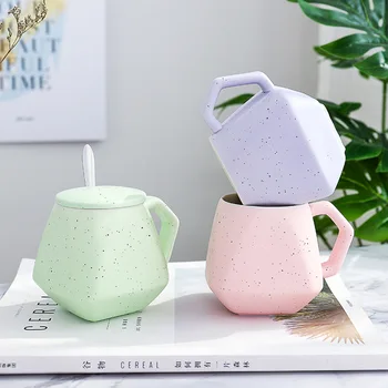

Creative Solid Color Ceramic Mug Polygon Coffee Cup with Lid Scoop Large Capacity Household Breakfast Milk Mugs Drinking TeaCups