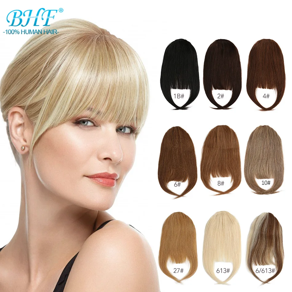 BHF-flequillo de cabello humano, 8 pulgadas, 20g, clip en cabello liso Remy, flequillo frontal de 3 clips