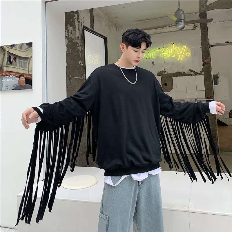 

Male Women Hip Hop Streetwear Casual Black Red Hoodie Stage Show Clothing Men Long Tassle Pullover Sweatshirts