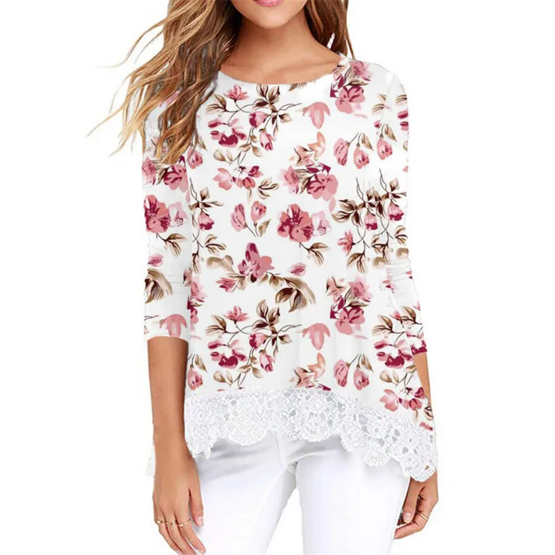 

Lace Hollow Out Patchwork O-Neck Shirts Autumn Winter Chiffon Long Sleeve Women Blouse Fashion Casual Tops Blouses Woman 2019