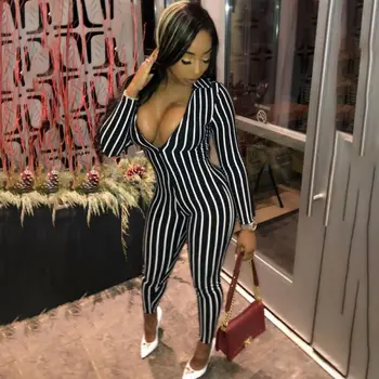 

Women Long Sleeve Striped Jumpsuit Romper Casual Clubwear Wide Leg Pants Outfits