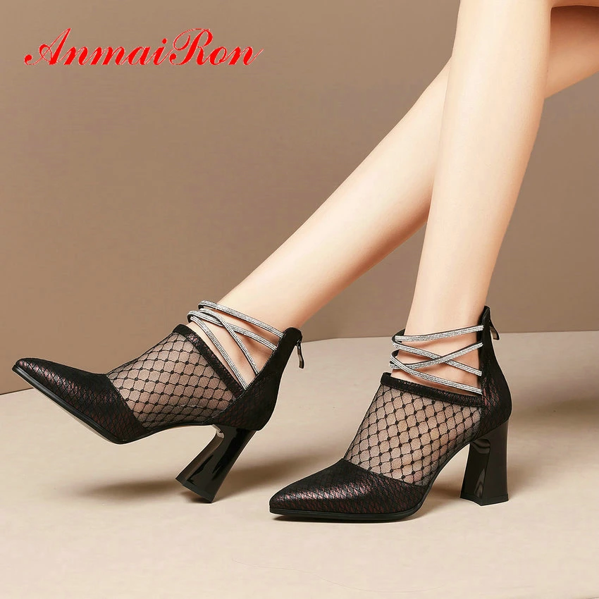 ANMAIRON Pointed Toe Casual Zip Luxury Shoes Women PU Basic Square Heel Genuine Leather Spring/Autumn Fashion Heels | Обувь