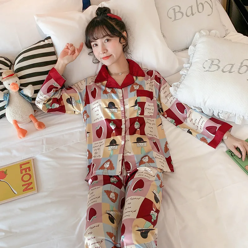 

Pajamas Women's Spring And Autumn Long Sleeve Viscose Cute Cartoon Two-Piece Set Students Silk Thin Summer Home Wear