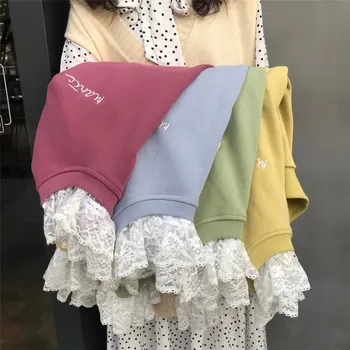 

Kpop Spring Long Sleeve Loose Fake Two Pieces Lace Patchwork Pullovers sweet Women Sweatshirt 2020 Fashion Clothing Streetwear