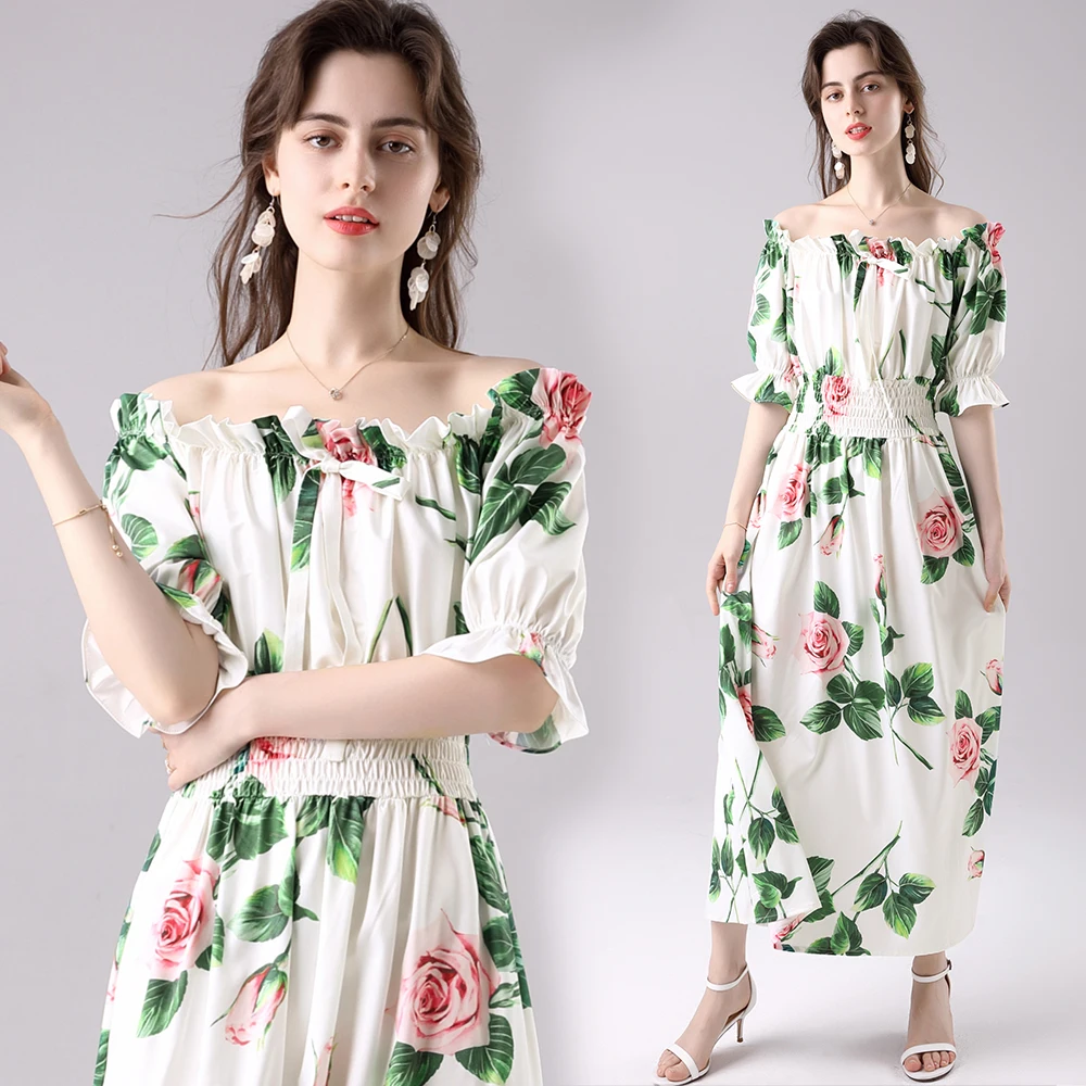 

2020 Runway Custom Summer Cotton Rose Flower Print Dress Women's Elastic Waist Off Shoulder Sexy Holiday Long Dresses