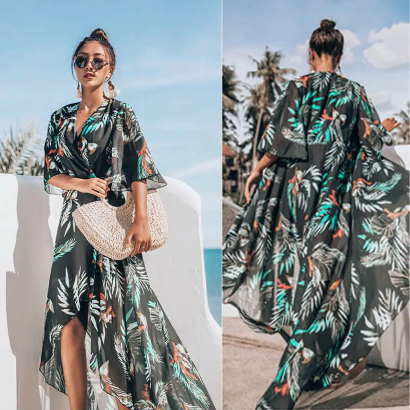 

Summer Women Cover Up Swimwear Bikini Beachwear Chiffon Beach Print Boho Dress