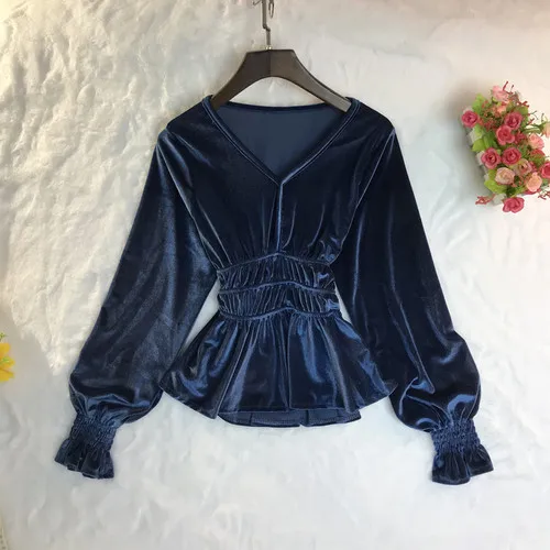 Peacock blue Neploe, v-образный вырез, тонкая талия, рукав-фонарик, бархатная блузка для женщин, элегантные оборки, длинный рукав, Blusas Mujer, облегающая короткая рубашка 46384 - Цвет: Peacock blue