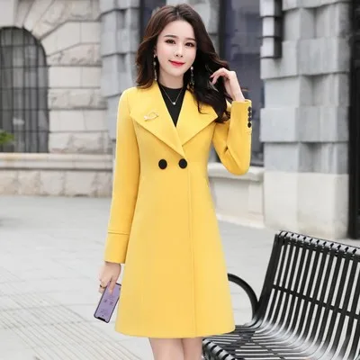 Yellow Модное осенне-зимнее шерстяное пальто для женщин, новинка, высокое качество, плюс размер, тонкое теплое пальто, длинное шерстяное пальто, Женское пальто, тренд 4XL - Цвет: Yellow