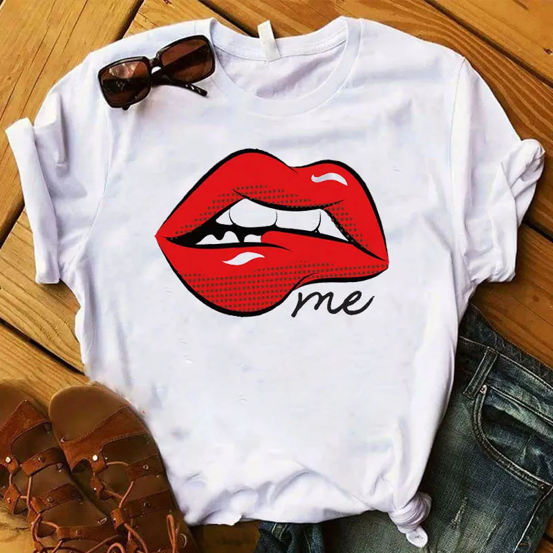 Женская футболка с принтом Kiss Me Red Lip свободная коротким рукавом женские топы