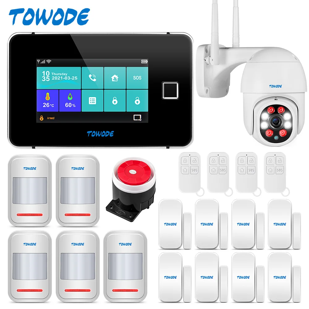 TOWODE Fingerprint Arm Disarm Alarm System WIFI GSM Home Security Tuya Smart App Remote Control Kit With HD Outdoor Camera | Безопасность