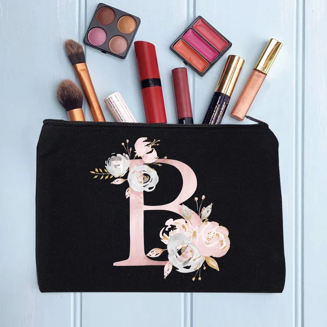 Women's Cosmetic Makeup Bags Female Organizer Pink Flower 26 Letters School Pencil Cases Carrying Bag for Coin Purse pink flower B