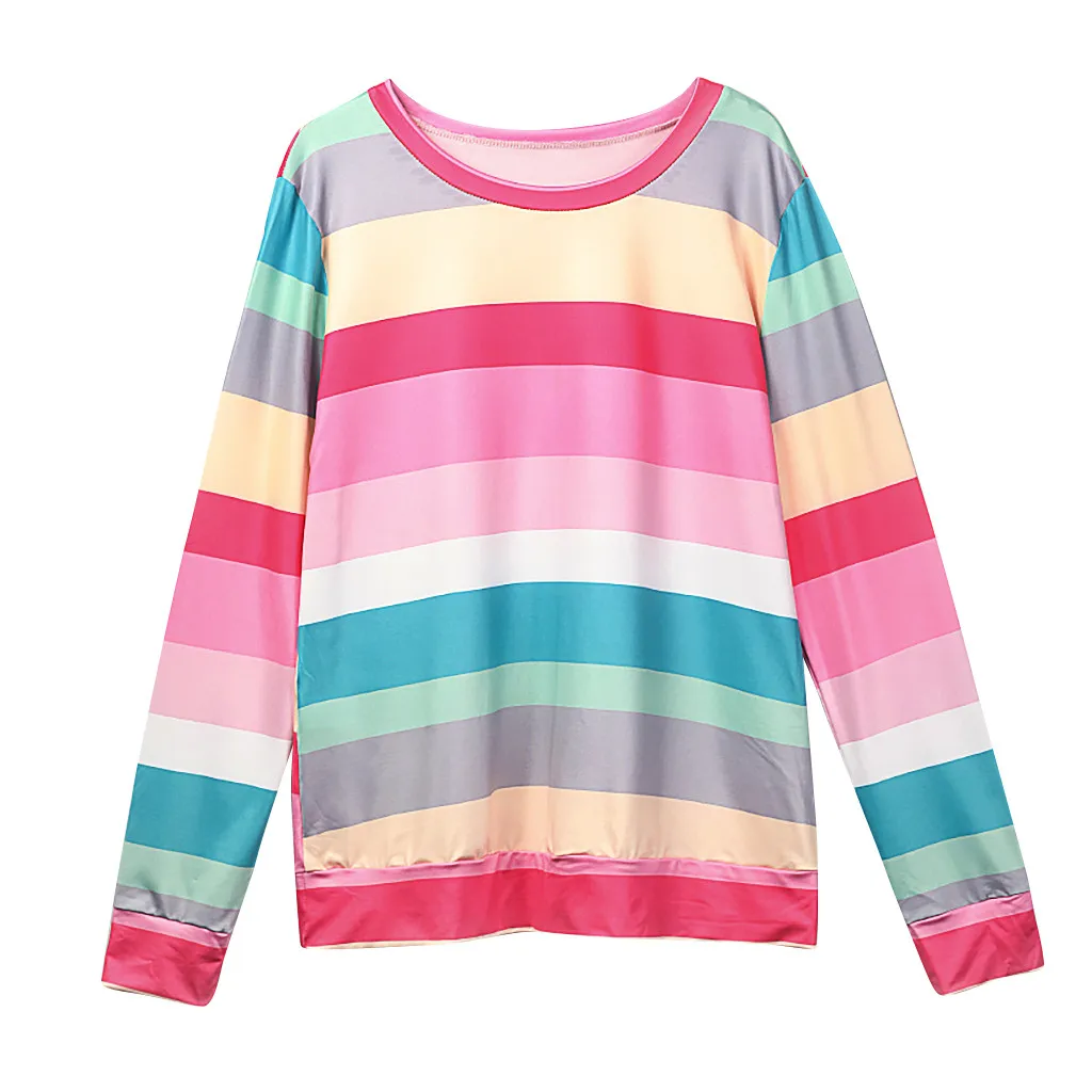 Multicolor Радужная футболка в полоску, женская комбинированная цветная Лоскутная тонкая футболка с длинным рукавом, Женская Повседневная Весенняя футболка, женские футболки - Цвет: Multicolor