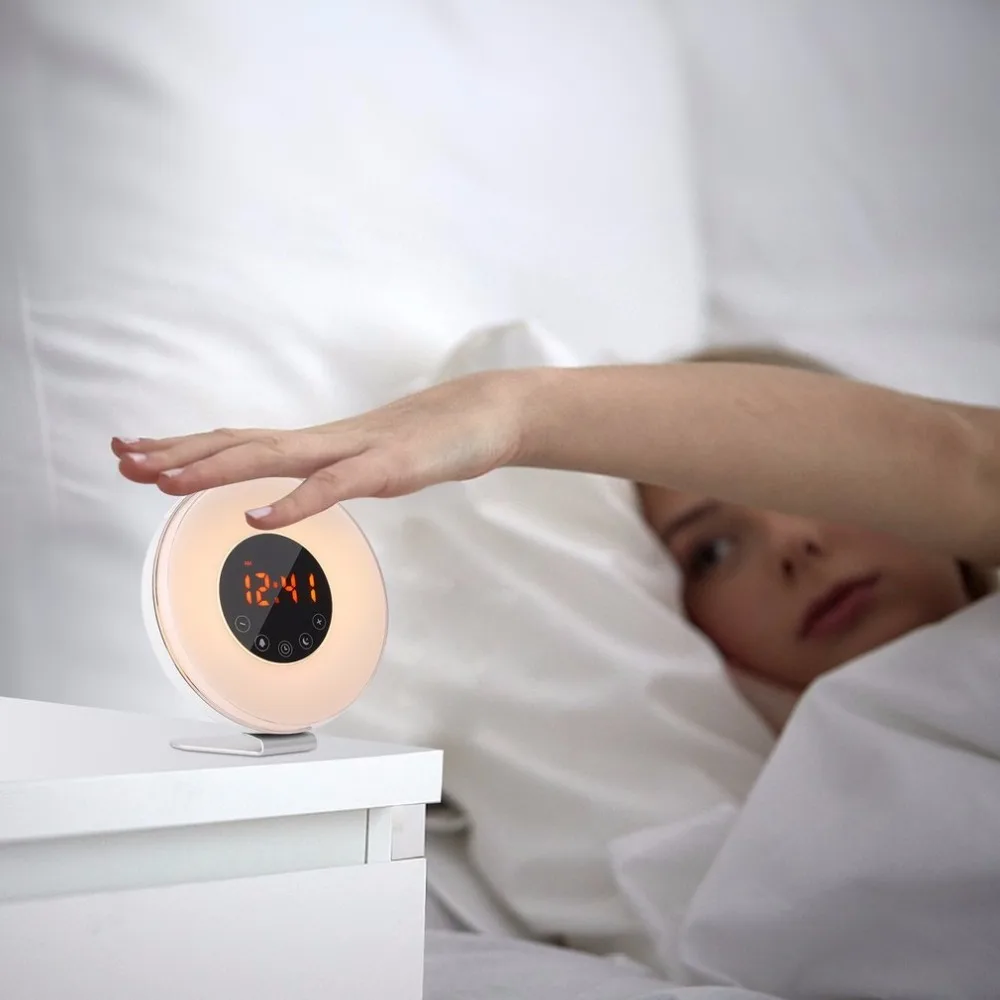 Цифровой светодиодный дисплей Будильник имитация солнца закат Пробуждение свет сенсорный датчик ночник прикроватная лампа лучший подарок
