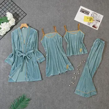 

Women's Autumn / Winter Gold Velvet Four-Piece Pajamas Solid Color Sling Long Sleeve Embroidered Pajamas Pants Warm Thicken