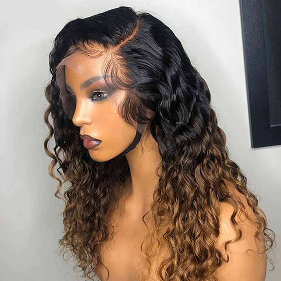 

Ombre Curly Wig 4*4 Silk Base Full Lace Human Hair Wigs Pre Plucked 1B 30 Remy Brazilian Silk Top Wig With Baby Hair
