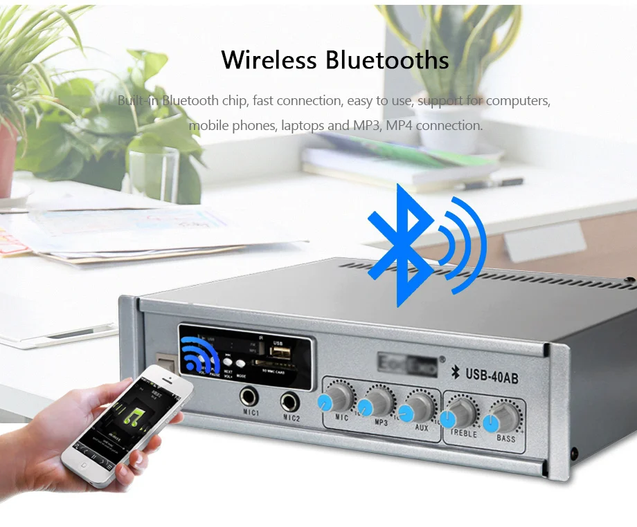 Oupushi USB-40AB 40W Mini Bluetooth Digital Amplifier PA System 2-way Microphone Input USB Playback Support For Mobile Phone