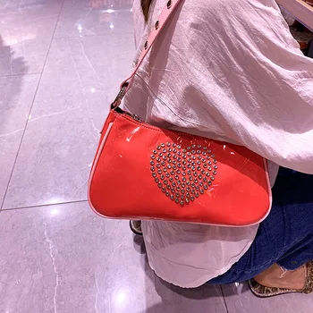 

2020 summer new patent leather rhinestone Rhinestone love red girl heart leather PU baguette bag armpit fashion shoulder bag