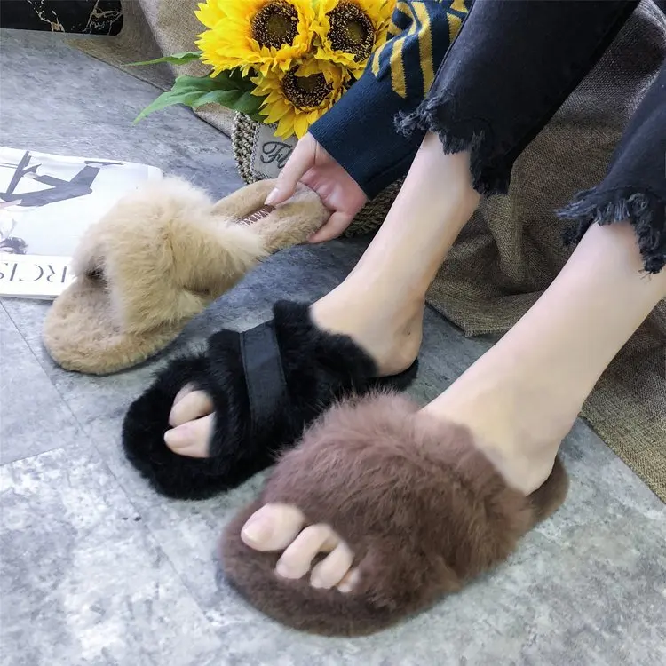 

Fluffy Shoes Really Rabbit Fur Slipper Women's Autumn And Winter New Style Cross Outer Wear Household Warm Daughter Baby Slipper