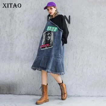 

XITAO Tassel Print Pattern Letter Dress Women Clothes 2019 Autumn Pullover Pocket Elegant Patchwork Casual Loose Dress WLD2726