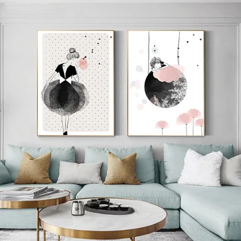 

Nordic Pink Dress Girl Cartoon Canvas Art Poster Print Modern Wall Art Picture for Living Room Home Decor (No Frame)