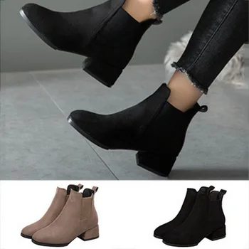 

Dihope Women Autumn Winter Flock Ankle Boots Slip-on Round Toe 3.5cm Square Heel Solid Casual Black Camel Booties Size 35-43