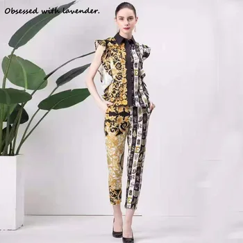 

Fashion women's two-piece pants, nine-minute pants, lotus leaf sleeves, stitching printed single-row buttons, capable and lovely