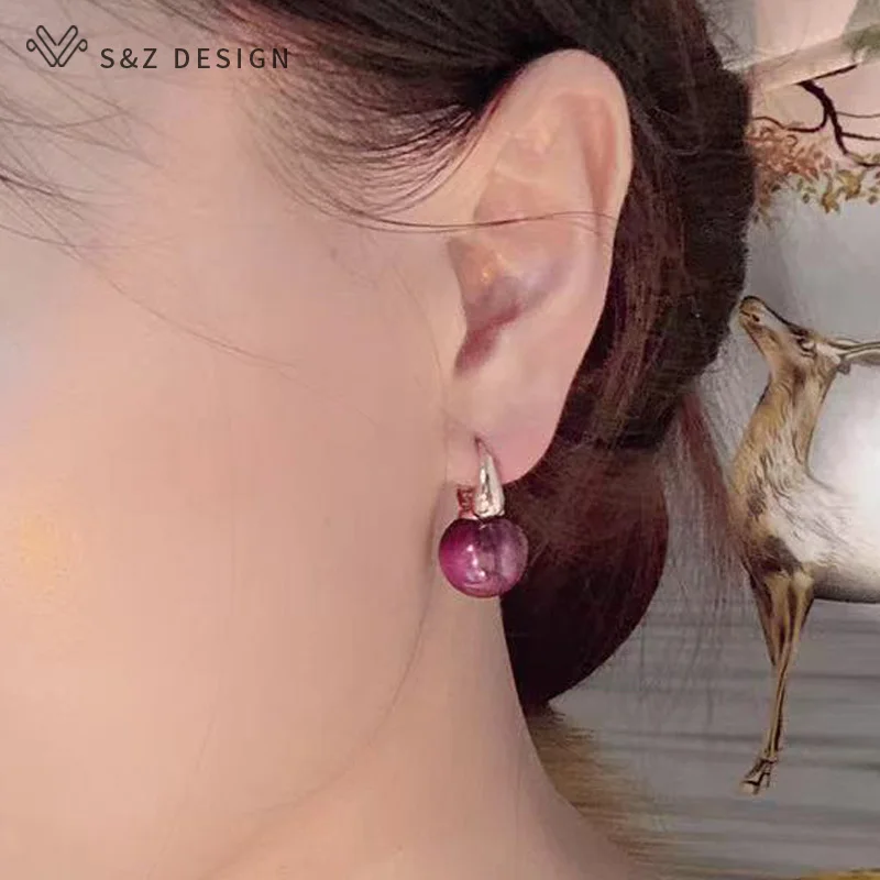 S&Z DESIGN New Fashion Round Acrylic Colorful Beads Dangle Earrings For Women Wedding Jewelry 585 Rose Gold Color Eardrop