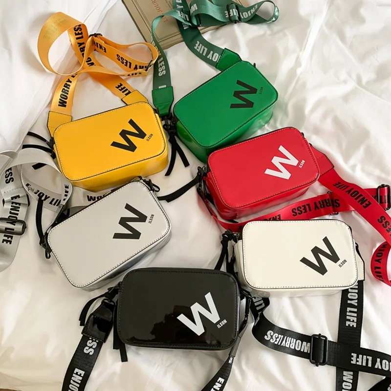 

Women Shoulder Bag Fashion new Handbag patent leather Crossbody BagsWide Strap double zippers Lady Small Square Bag sac femme
