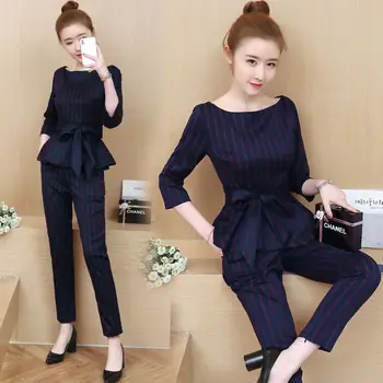 

2019 Early Autumn Small Heart Machine Temperament Stripes Slim Fit Slim Two-piece Set Nine Points Pants Suit Female