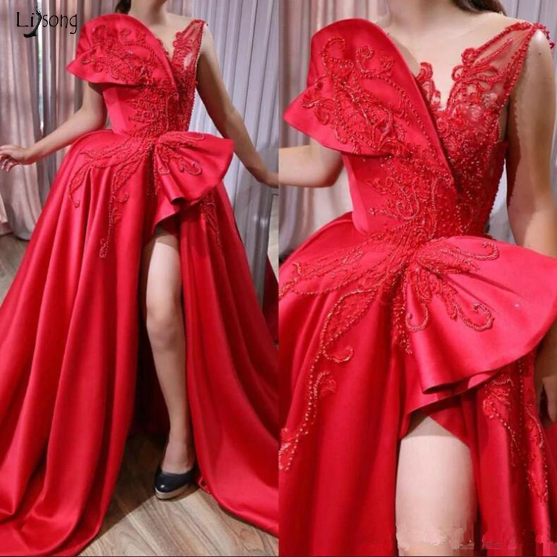 Abendkleider официальные платья для выпускного Красный Аппликация из бисера A Line vestidos de gala Арабский сексуальный Высокий разрез Вечернее платье
