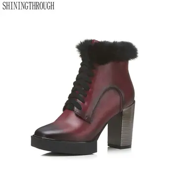 

Genuine Leather Women Ankle Cross-tied Snow Boots Fashion Square heel Women Shoes Autumn Winter To Keep Warm Party Ladies Shoes