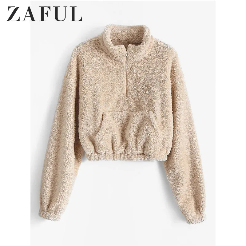 ZAFUL, женский укороченный свитер с мехом и передним карманом на молнии, одноцветные топы, осенние пуловеры, новинка