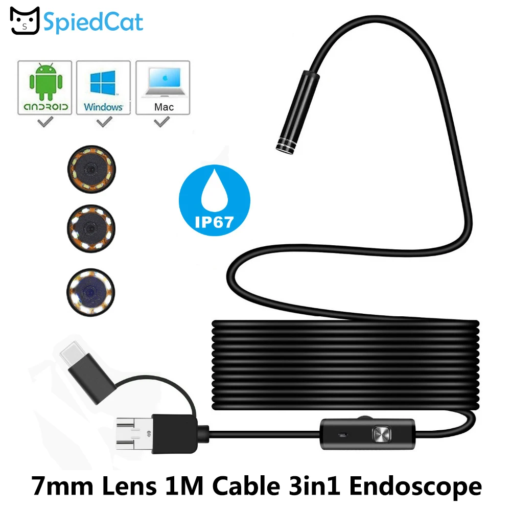 IP67 Waterproof 3 in1 7mm mini  6 Led Lens 1M soft Cable Endoscope Camera Snake Inspection For smartphone Android USB Type-C