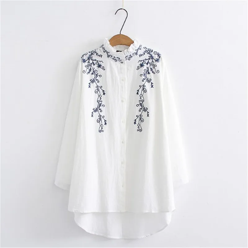Женские блузки с рюшами из хлопка и льна, Свободная блуза с цветочной вышивкой, женские рубашки с длинным рукавом, 5XL, Белые блузы для мамы
