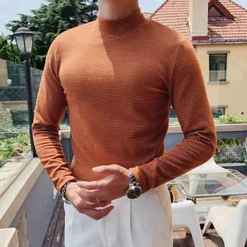 

Black Brown Striped Thick T-shirt Casual Double-sided Velvet Long Sleeve Base Tee Top Vintage T Shirts Men Autumn Turtleneck
