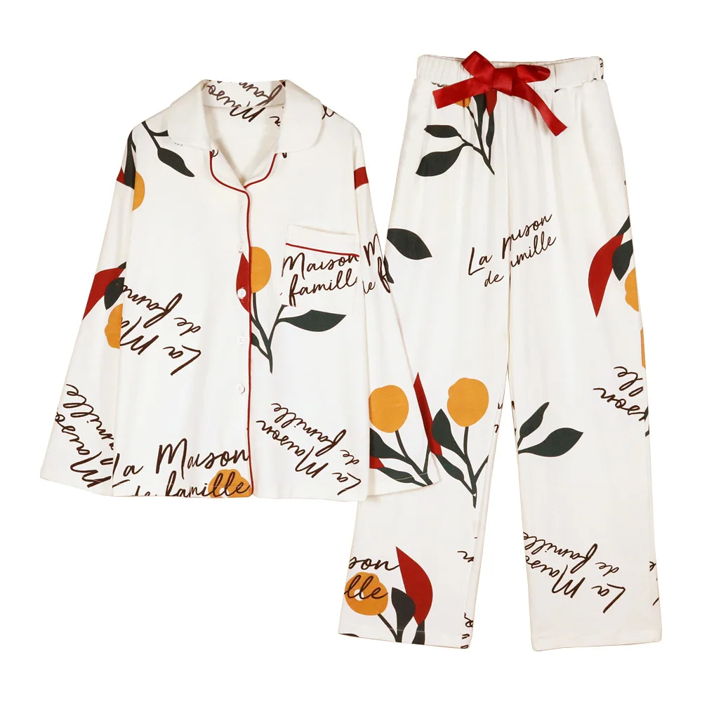 

2 Pcs Women Pajama Set Cotton Sleepwear Print Cardigan Lapel Button Pyjamas Comfortable Breathable Homewear Autumn Korean