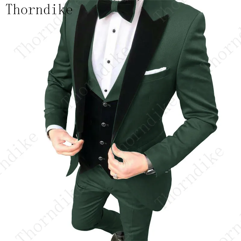 Thorndike, официальные мужские костюмы, темно-зеленые,, приталенный, бархатный, с отворотом, костюм жениха, мужской смокинг, Блейзер, Свадебные/выпускные костюмы, 3 предмета