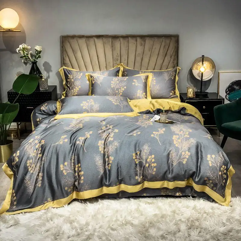 

Luxury 100% Silk Bedding Sets Duvet Cover Flat Sheet pillowcase Queen King size 4pcs linen set gray color European style